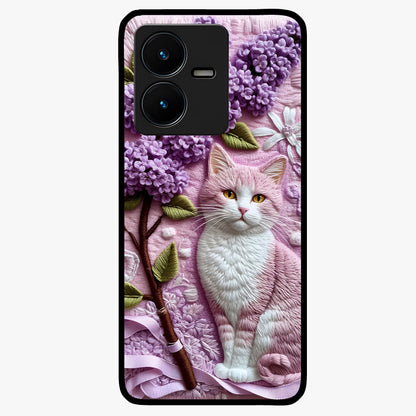 Lavender Cat Whimsy Glass Case showing flat back view with cute lavender cat artwork and glossy glass finish.
