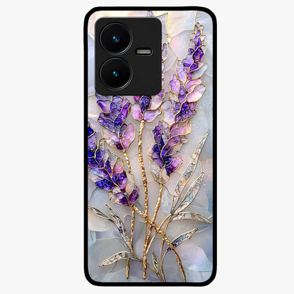 Lavender Dream Glow Glass Case showing flat back view with glowing lavender aesthetic artwork and glossy glass finish.