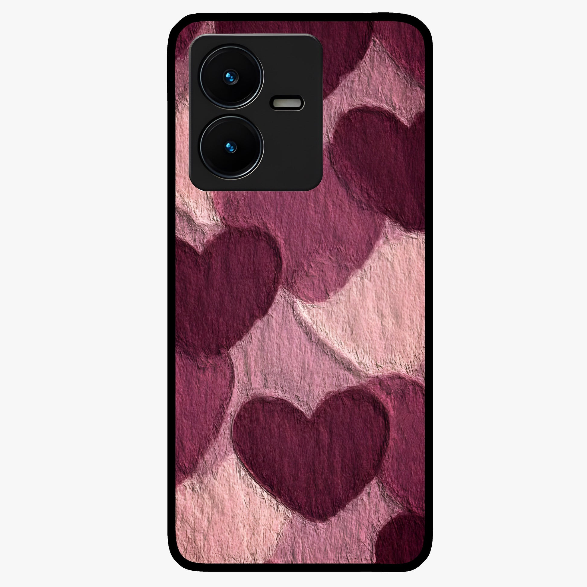 Layered Paper Hearts Glass Case showing flat back view with layered paper heart artwork and glossy glass finish.