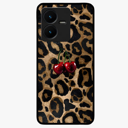 Leopard Wild Cherry Glass Case showing flat back view with leopard pattern and cherry artwork and glossy glass finish.