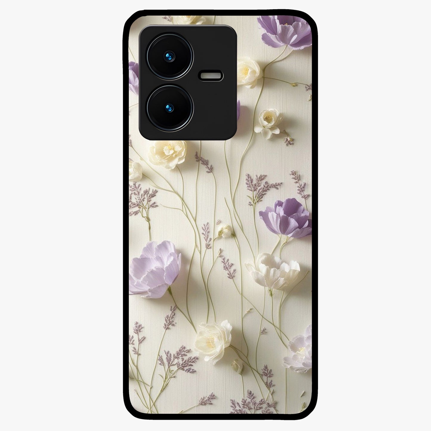Lilac Breeze Harmony Glass Case showing flat back view with soft lilac themed artwork and glossy glass finish.