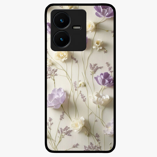 Lilac Breeze Harmony Glass Case showing flat back view with soft lilac themed artwork and glossy glass finish.