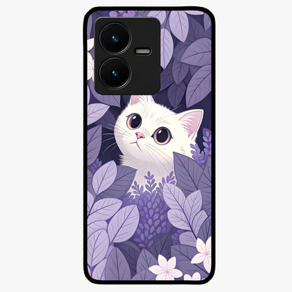 Lilac Hide Peek Cat Glass Case showing flat back view with cute peeking cat artwork and glossy glass finish.