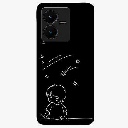 Line Art Boy With Shooting Stars Glass Case showing flat back view with minimal line art boy and shooting stars illustration and glossy glass finish.