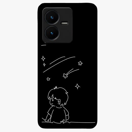 Line Art Boy With Shooting Stars Glass Case showing flat back view with minimal line art boy and shooting stars illustration and glossy glass finish.