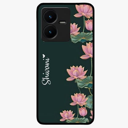 Lotus Bloom Serenity Custom Name Glass Case showing flat back view with elegant lotus flower artwork and personalized name design.