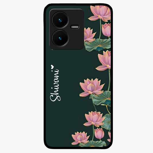 Lotus Bloom Serenity Custom Name Glass Case showing flat back view with elegant lotus flower artwork and personalized name design.
