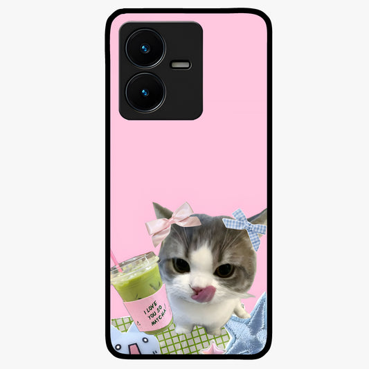 Love Matcha Cat Glass Case showing flat back view with cute cat and matcha themed artwork and glossy glass finish.
