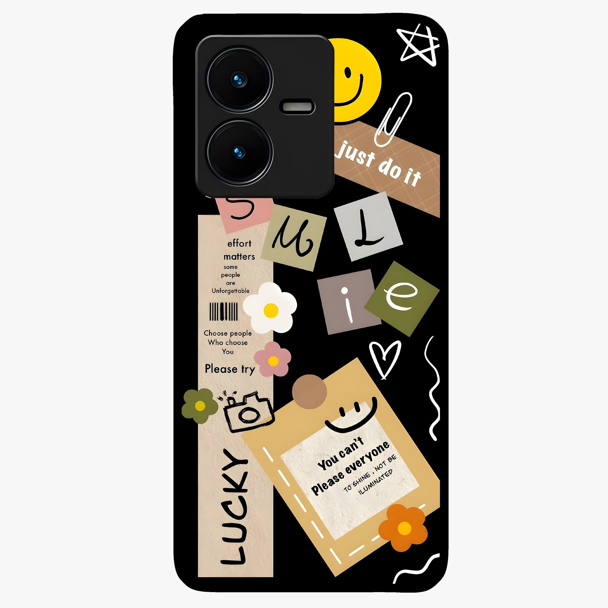 Lucky Aesthetic Collage Glass Case showing flat back view with trendy aesthetic collage artwork and glossy glass finish.