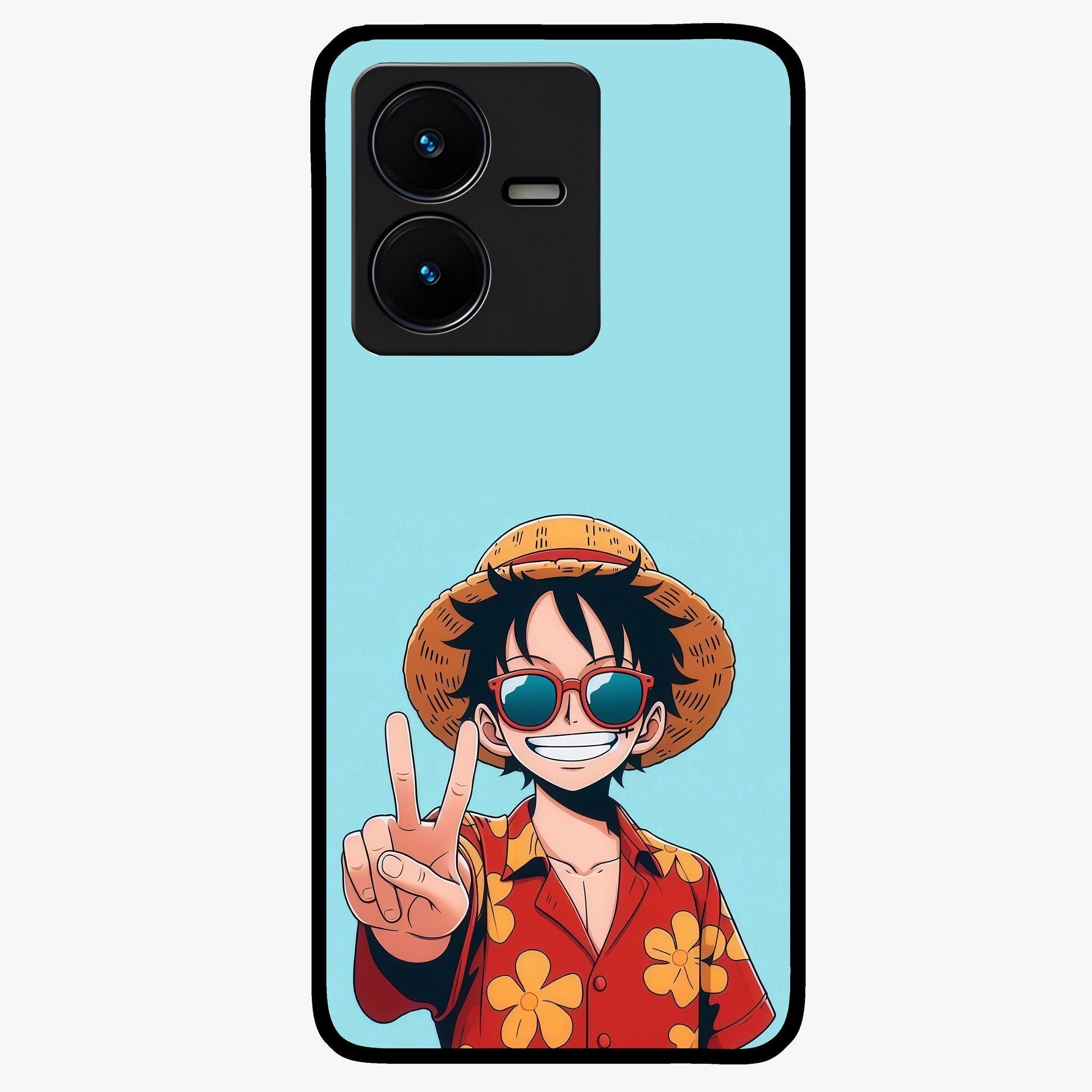 Luffy Summer Anime Vibe Glass Case showing flat back view with vibrant anime character artwork and glossy glass finish.