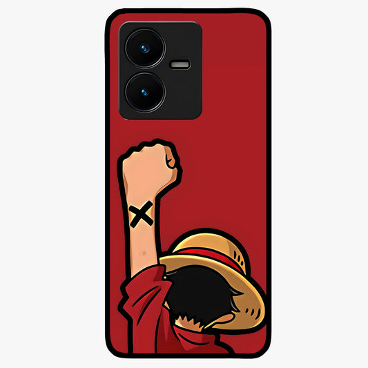 Luffy X Spirit Glass Case showing flat back view with bold anime character artwork and glossy glass finish.