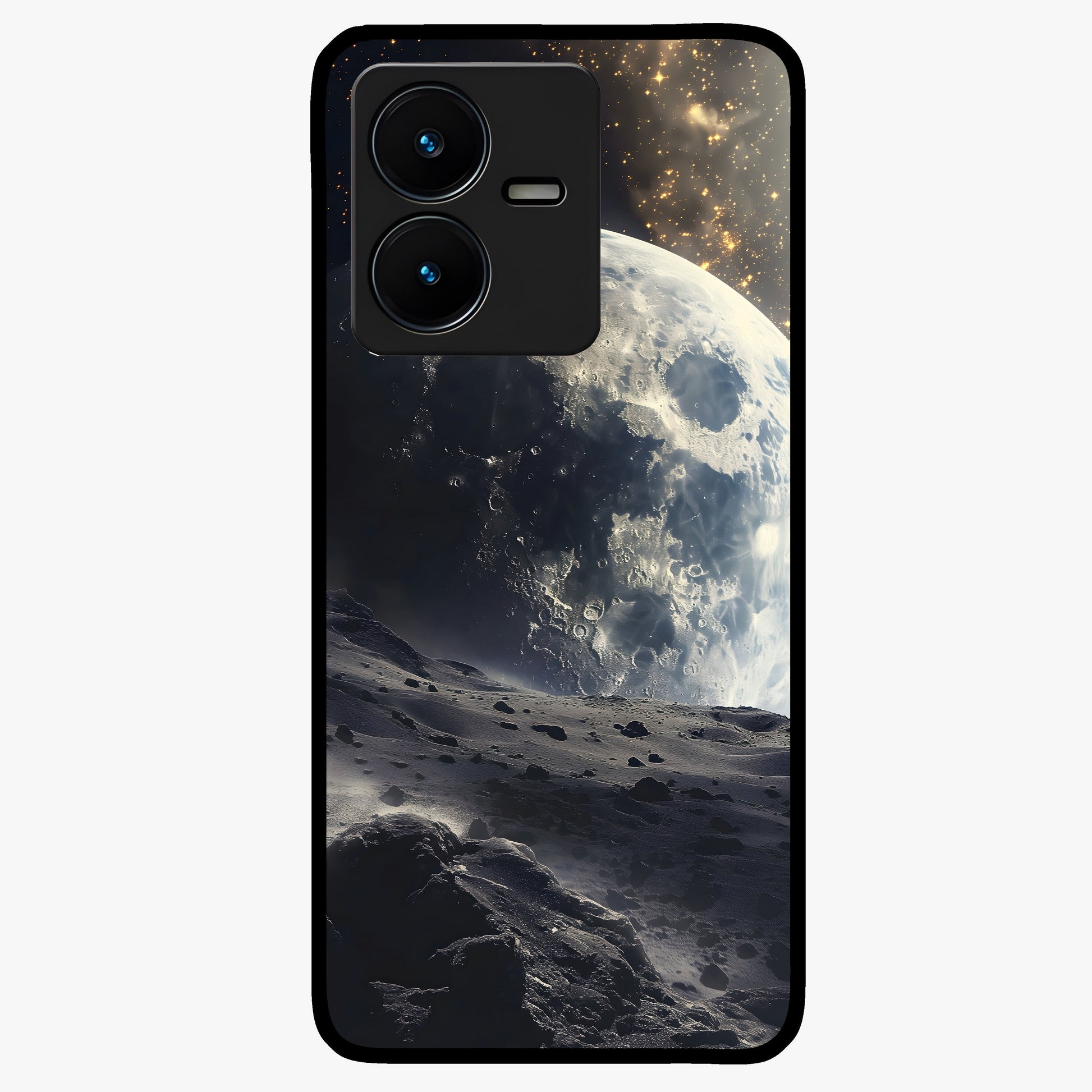 Lunar Horizon Glow Glass Case showing flat back view with glowing moon horizon artwork and glossy glass finish.