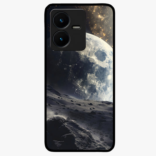 Lunar Horizon Glow Glass Case showing flat back view with glowing moon horizon artwork and glossy glass finish.