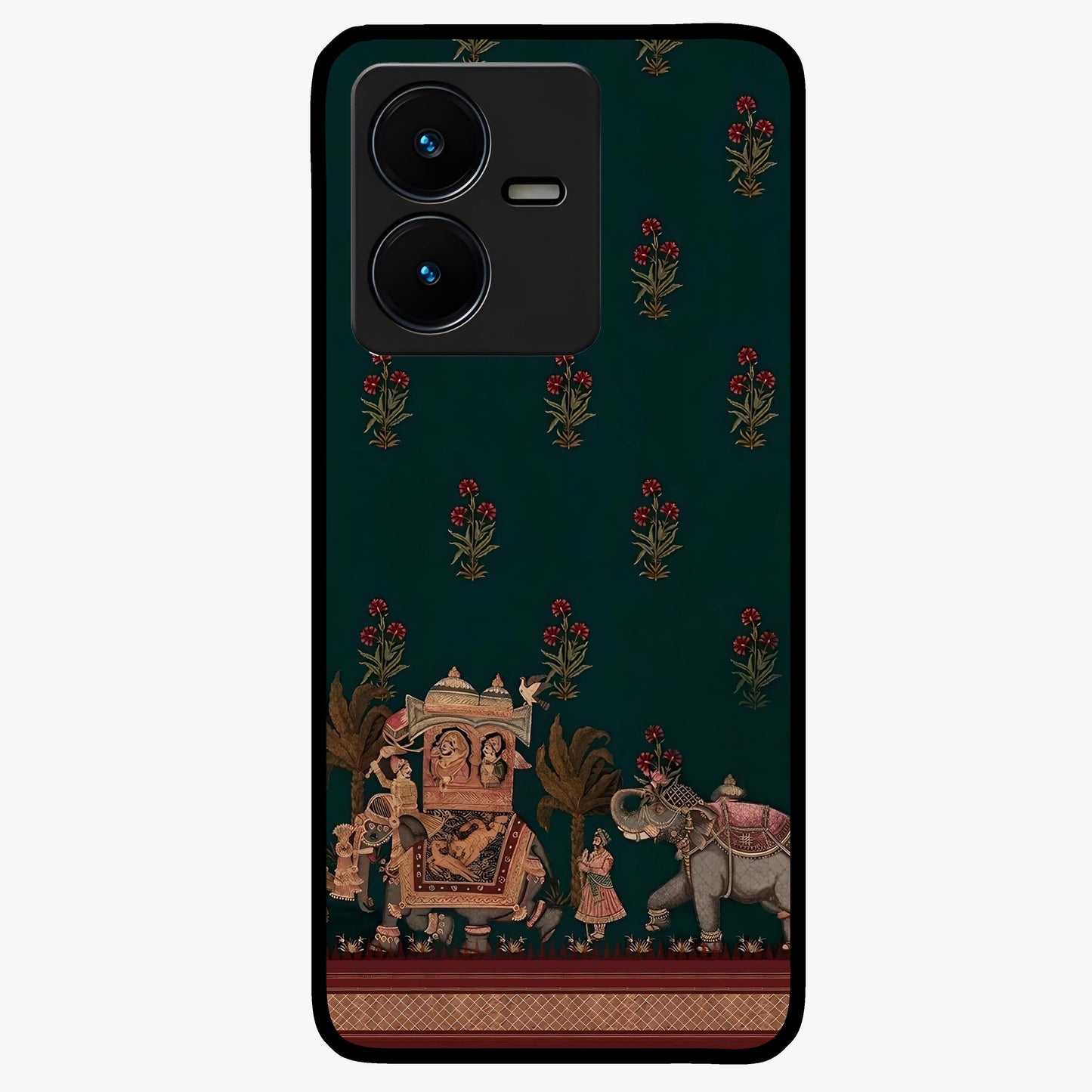 Macmerise Glass Case showing flat back view with stylish modern artwork and glossy glass finish.