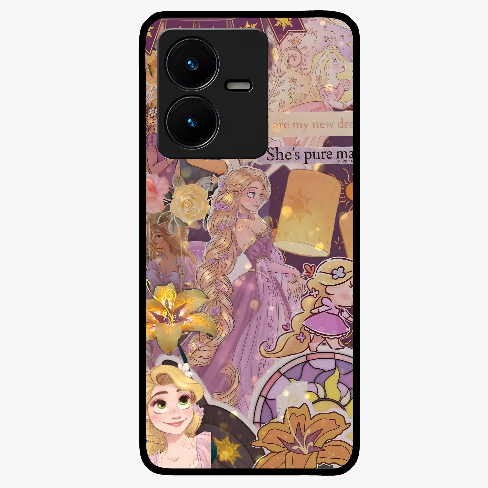 Magical Tangled Dream Glass Case showing flat back view with dreamy tangled artwork and glossy glass finish.