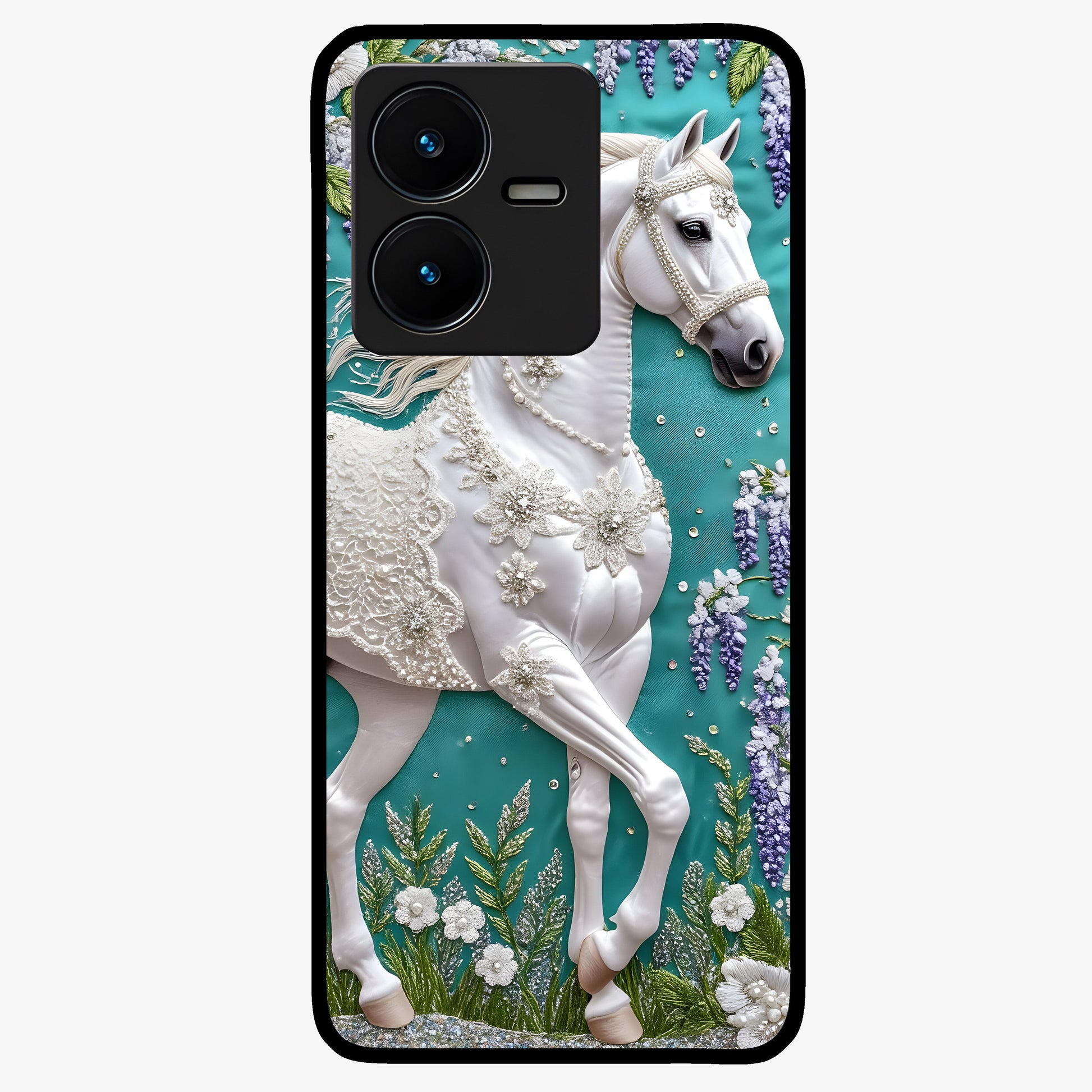 Majestic Floral Stallion Glass Case showing flat back view with powerful horse and floral artwork and glossy glass finish.