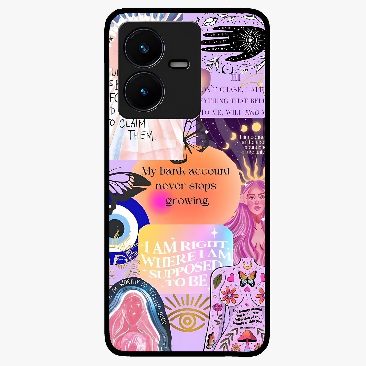 Manifestation Collage Glass Case showing flat back view with motivational collage artwork and glossy glass finish.