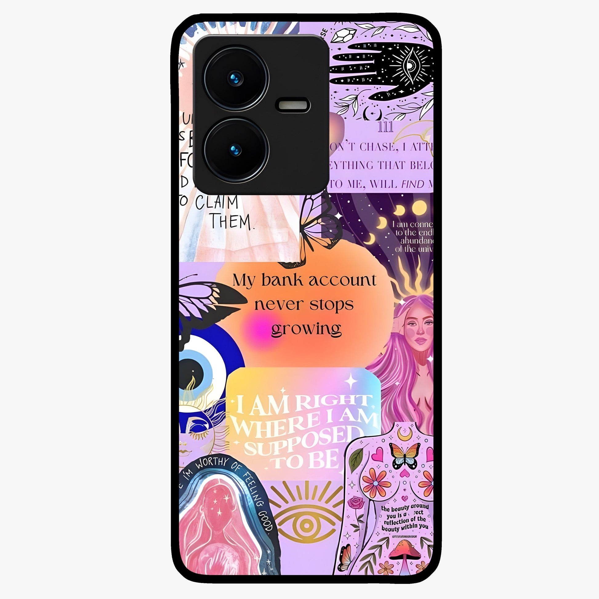 Manifestation Collage Glass Case showing flat back view with motivational collage artwork and glossy glass finish.