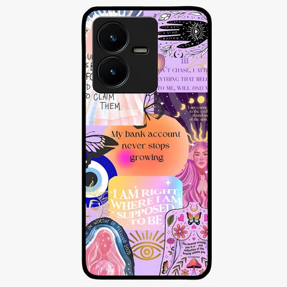 Manifestation Collage Glass Case showing flat back view with motivational collage artwork and glossy glass finish.