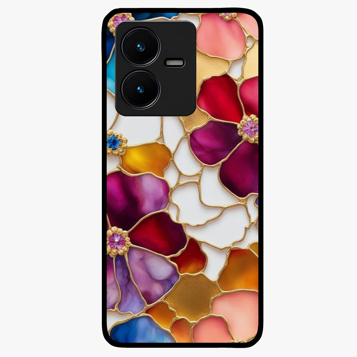 Marble Flower Pattern Glass Case showing flat back view with marble texture floral artwork and glossy glass finish.