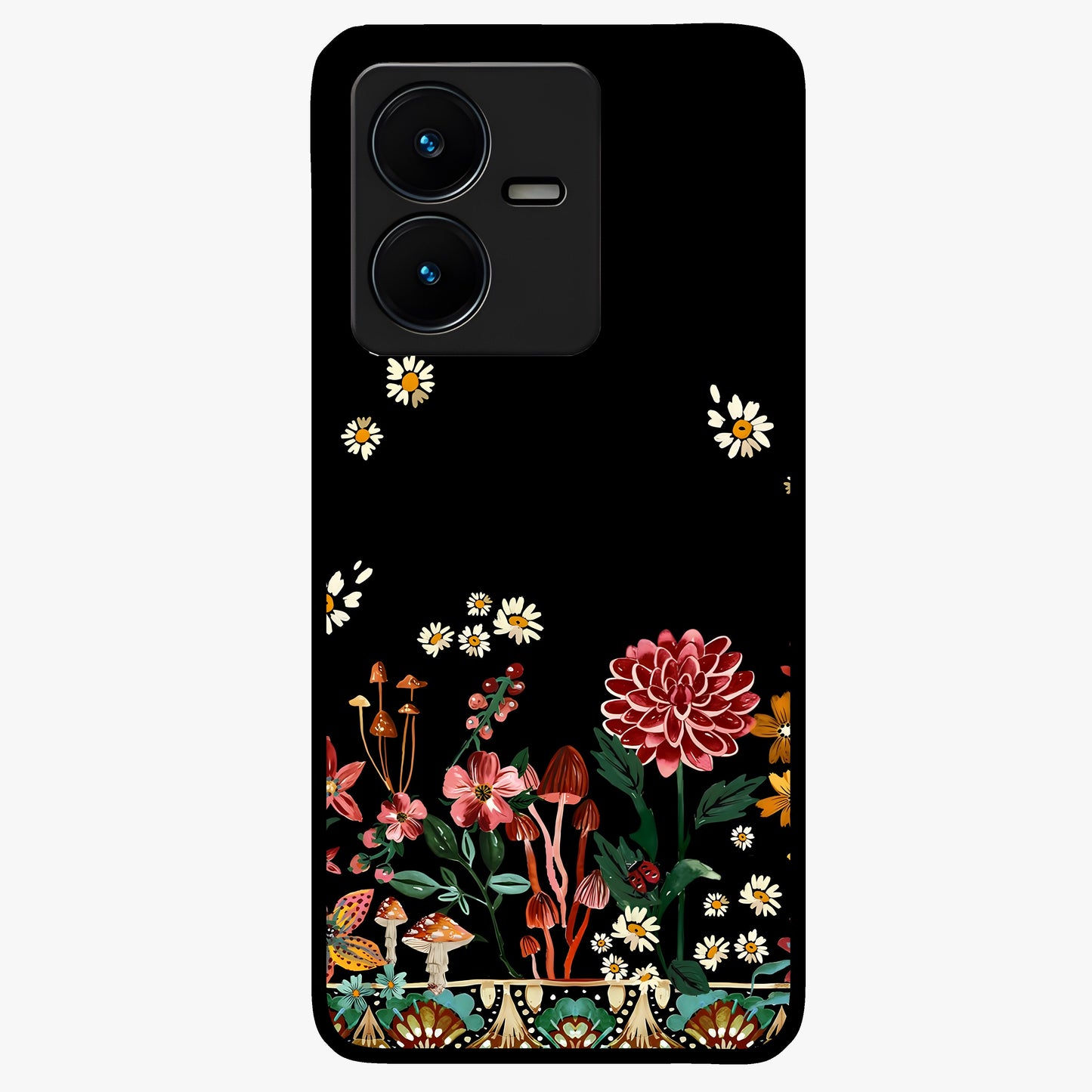 Midnight Bloom Pattern Glass Case showing flat back view with dark floral pattern artwork and glossy glass finish.