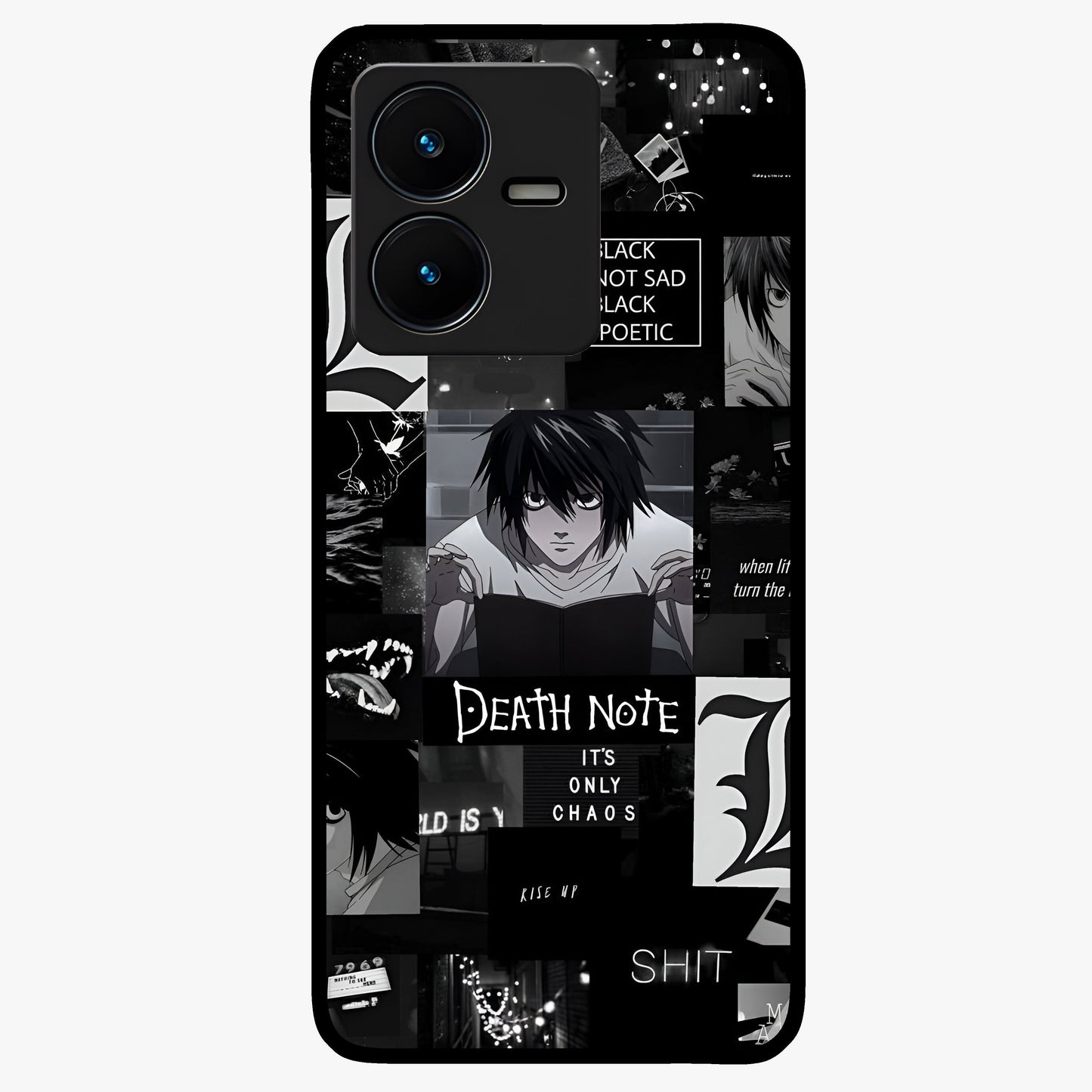 Midnight Chaos Mind Glass Case showing flat back view with abstract dark themed artwork and glossy glass finish.