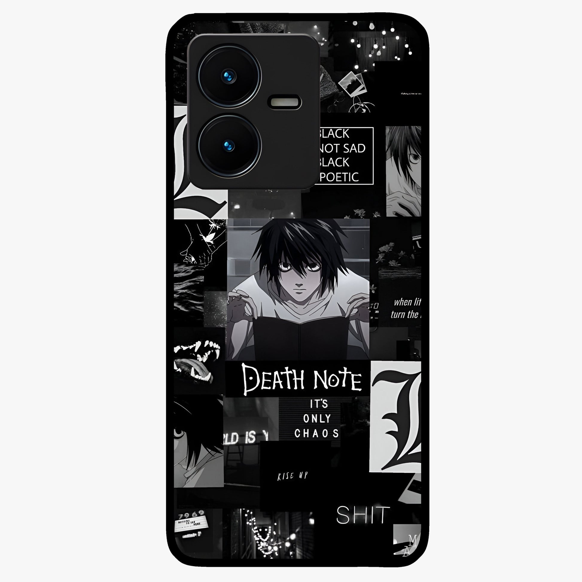 Midnight Chaos Mind Glass Case showing flat back view with abstract dark themed artwork and glossy glass finish.