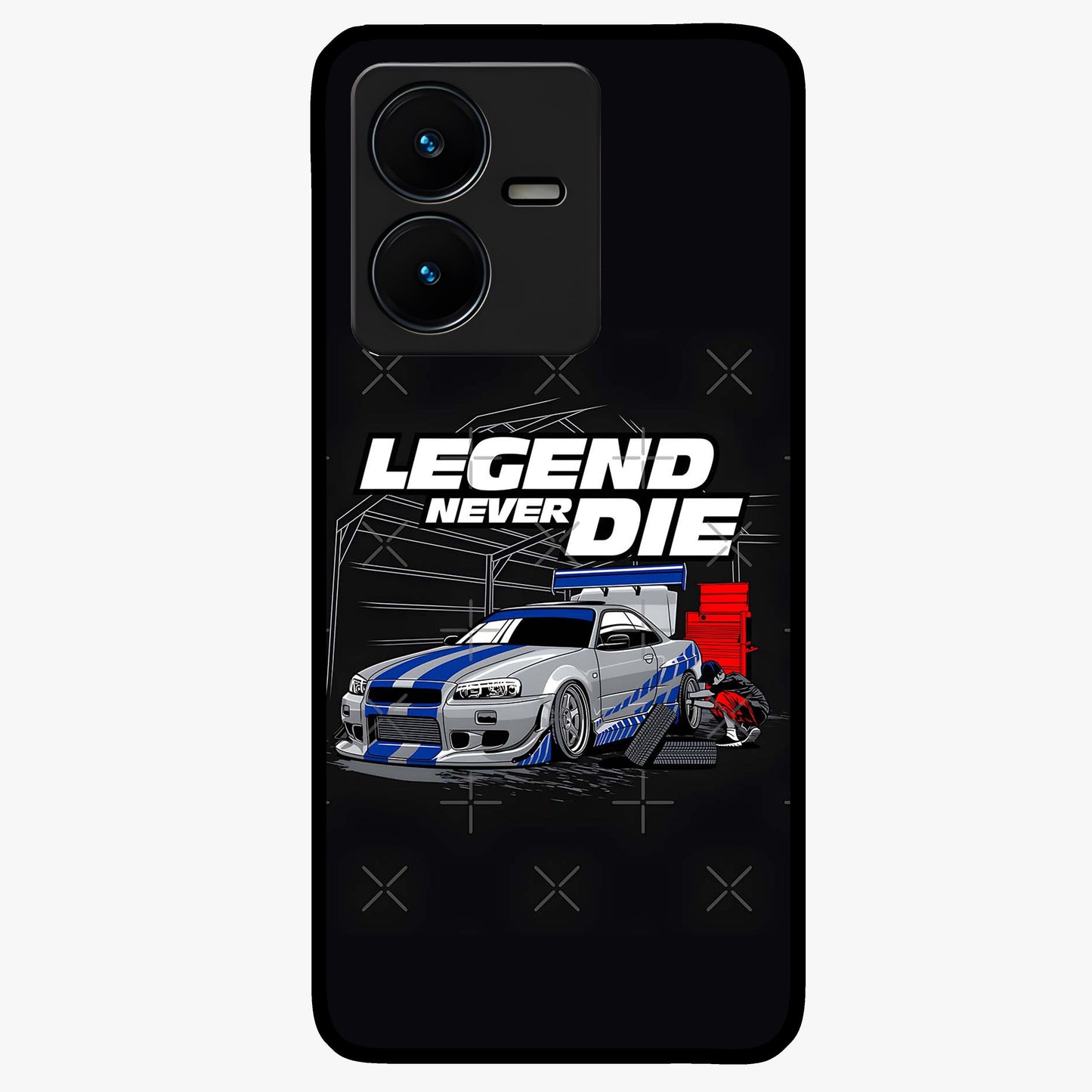 Midnight Racing Legacy Glass Case showing flat back view with sleek racing inspired artwork and glossy glass finish.