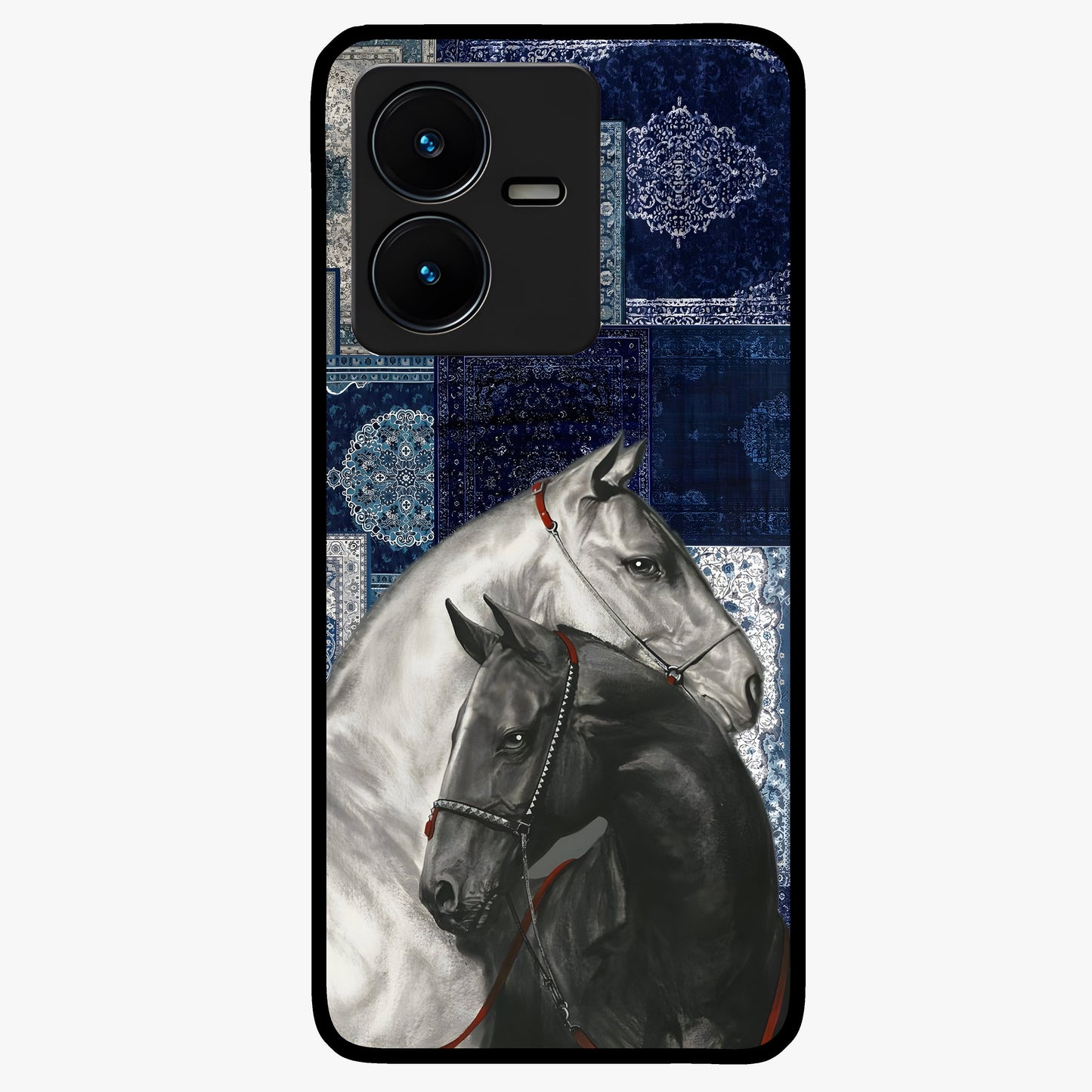 Midnight Stallion Blues Glass Case showing flat back view with majestic horse artwork and glossy glass finish.