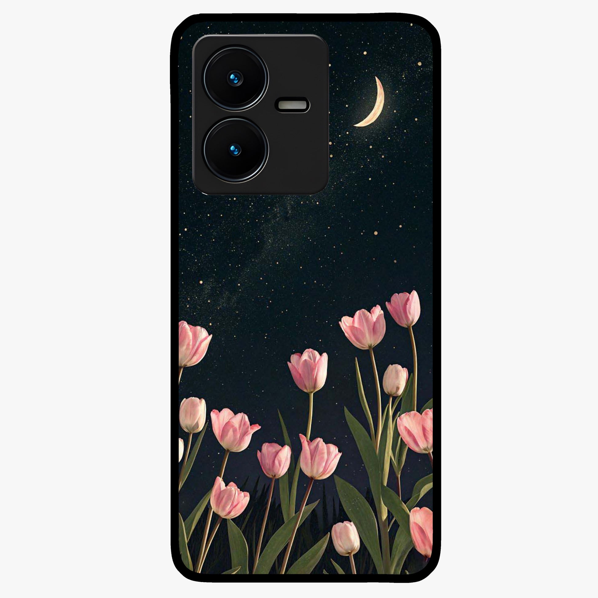 Midnight Tulip Whispers Vibe Glass Case showing flat back view with elegant tulip flower artwork and glossy glass finish.