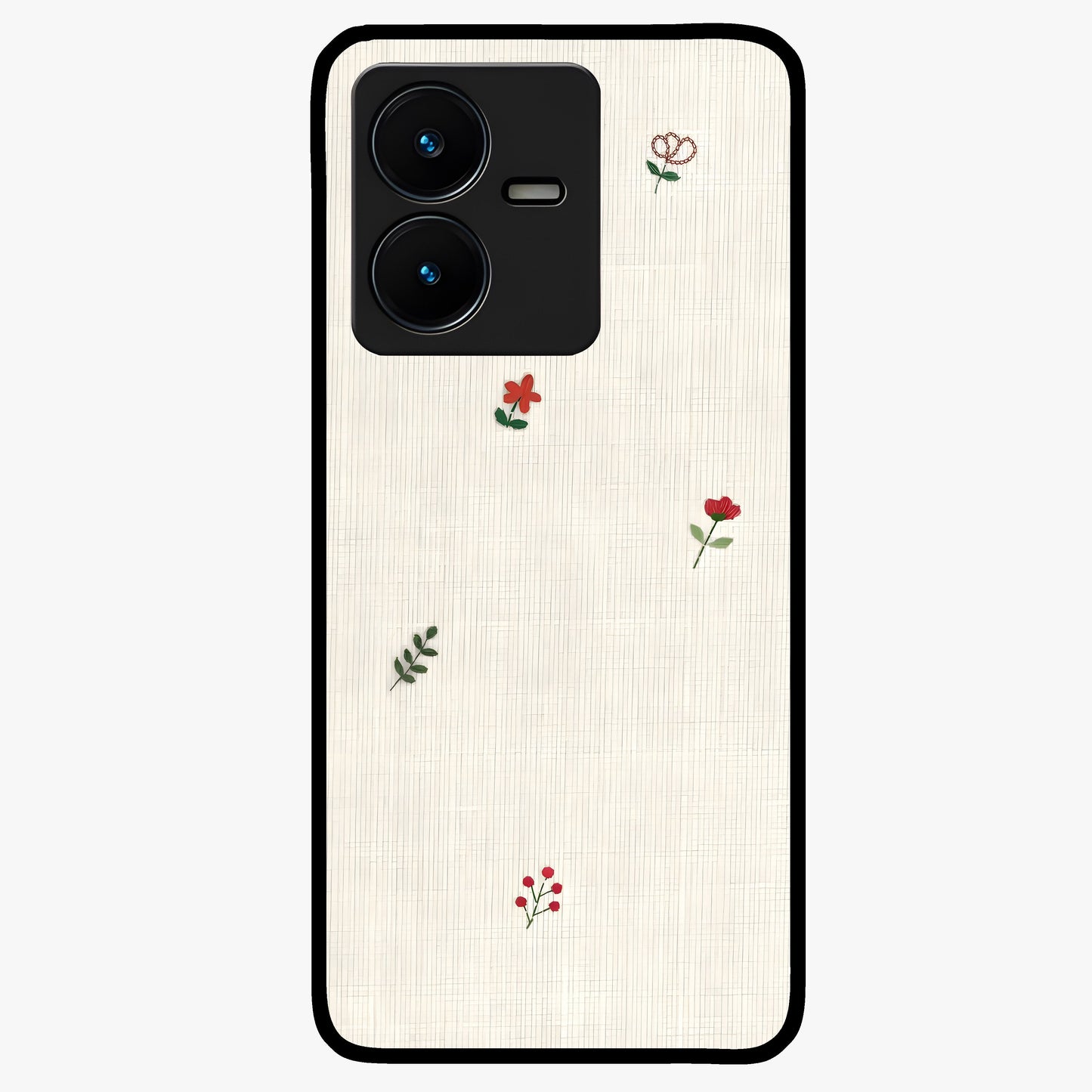 Minimal Petal Whispers Glass Case showing flat back view with soft minimal floral artwork and glossy glass finish.