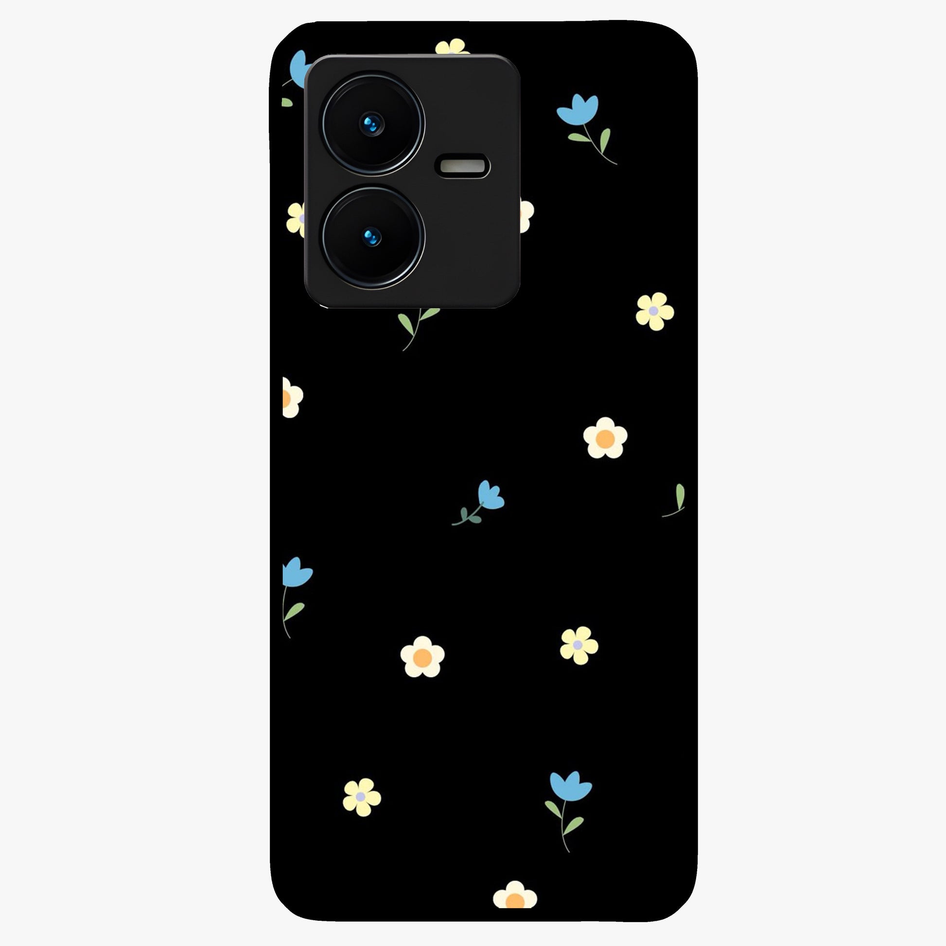 Minimalistic Blue With White Flower Pattern Glass Case showing flat back view with blue background and white flower pattern and glossy glass finish.