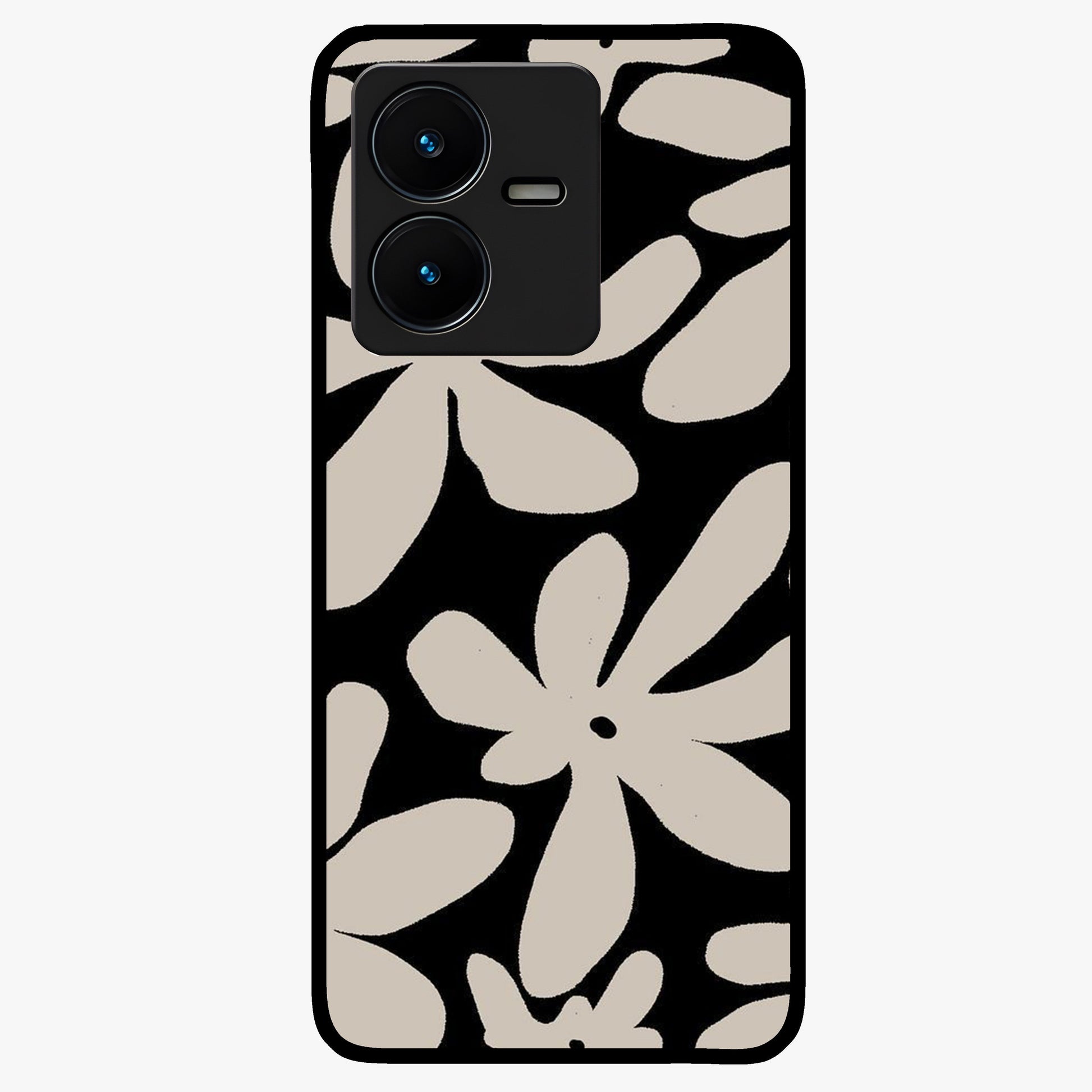 Monochrome Petal Dance Glass Case showing flat back view with monochrome floral artwork and glossy glass finish.