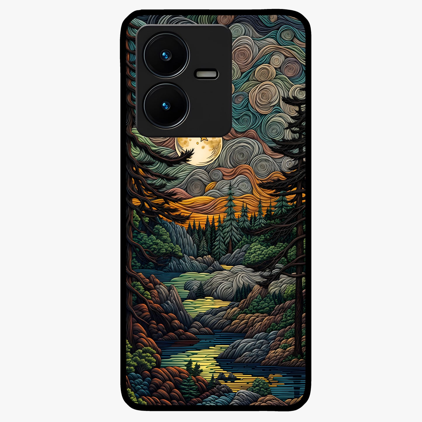 Moonlight Forest Dream Glass Case showing flat back view with mystical forest moonlight artwork and glossy glass finish.