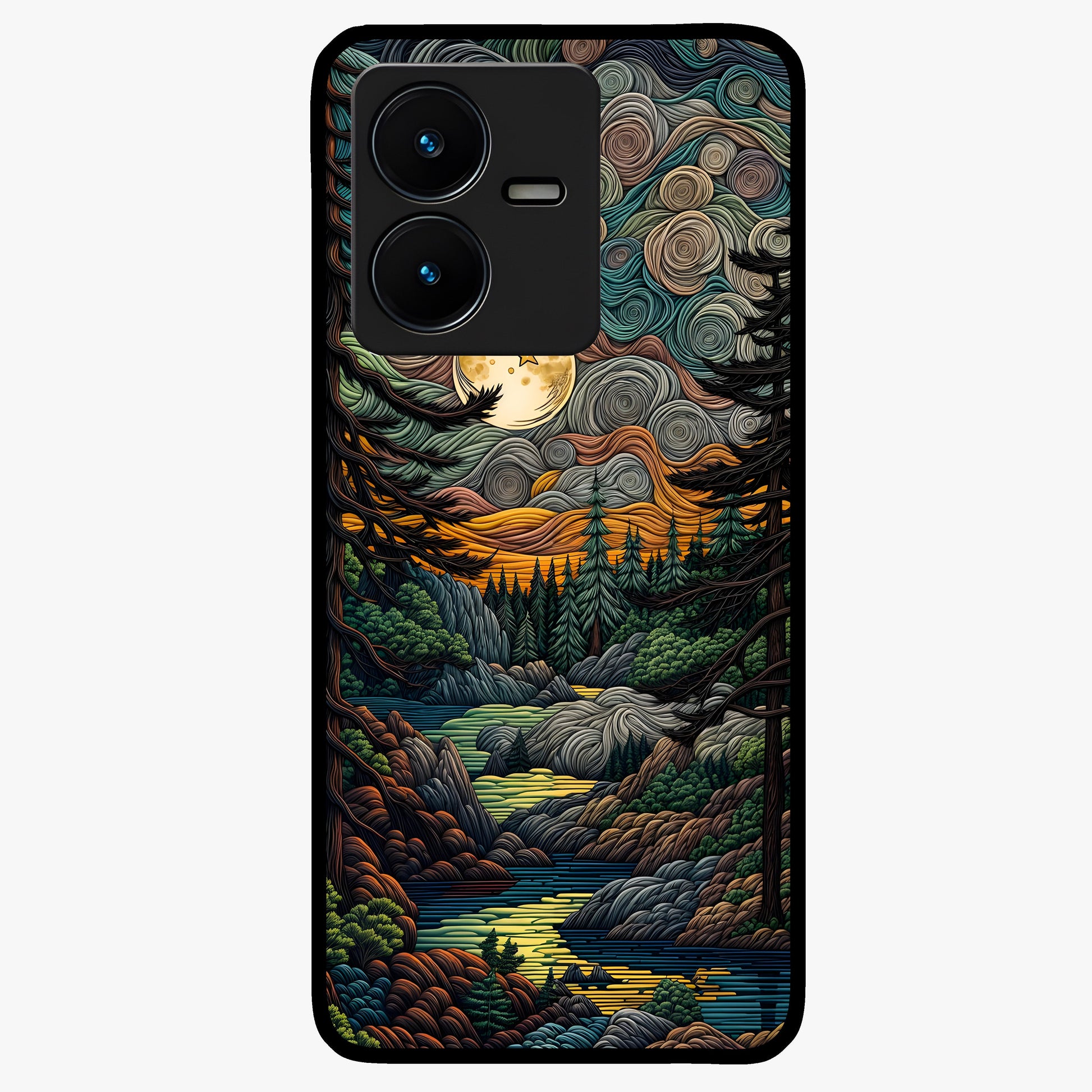 Moonlight Forest Dream Glass Case showing flat back view with mystical forest moonlight artwork and glossy glass finish.