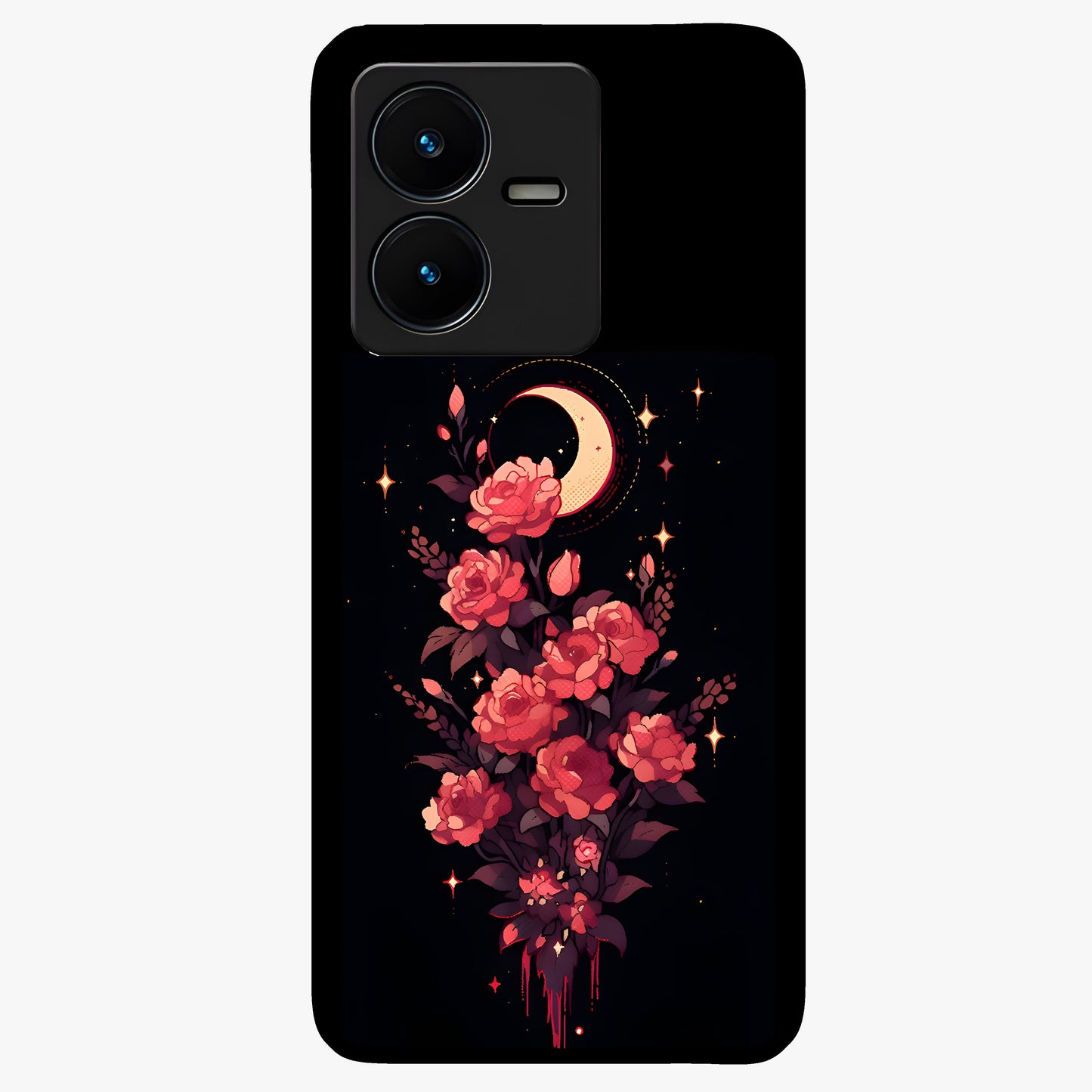Moonlit Floral Elegance Glass Case showing flat back view with elegant floral artwork under moonlit tones and glossy glass finish.