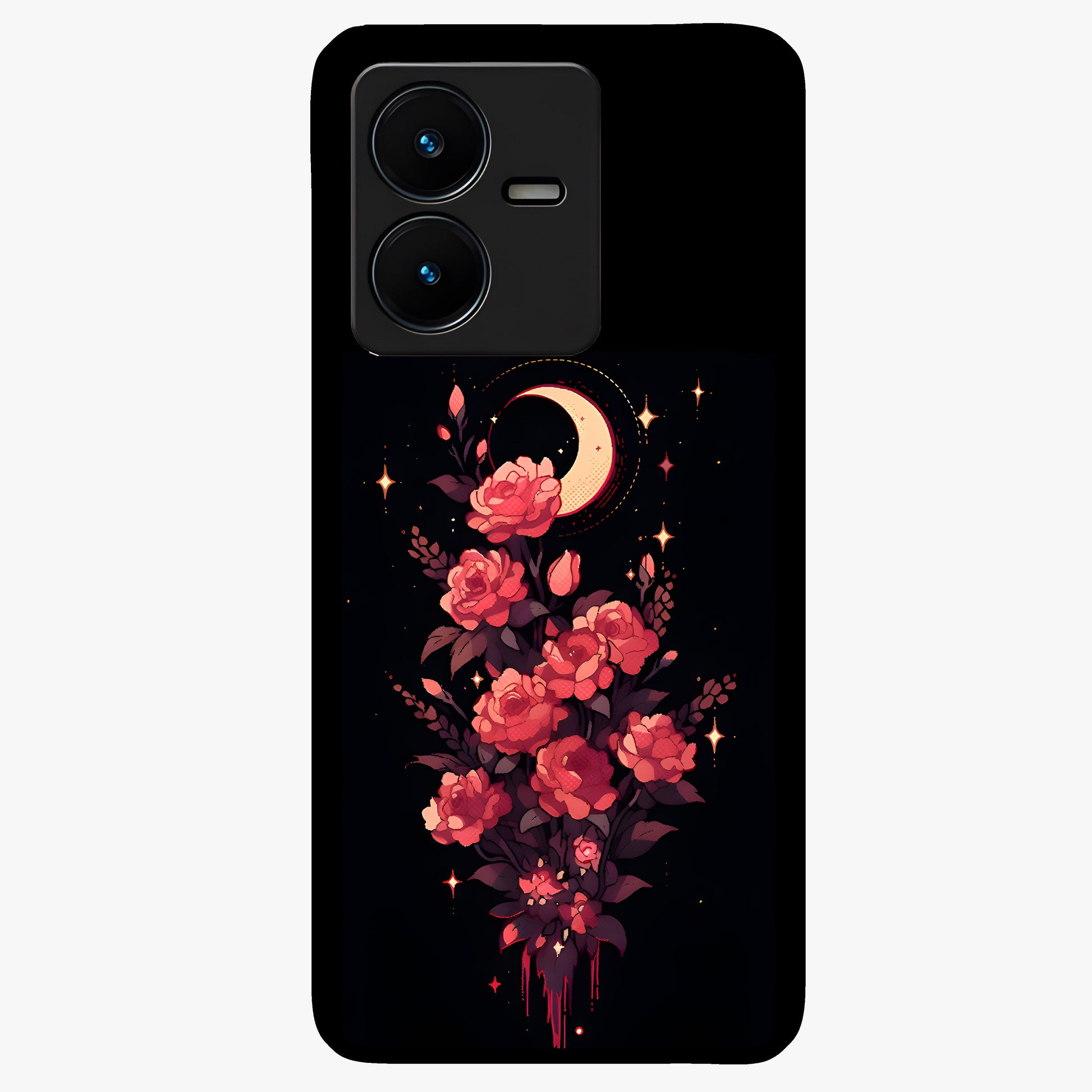Moonlit Floral Elegance Glass Case showing flat back view with elegant floral artwork under moonlit tones and glossy glass finish.