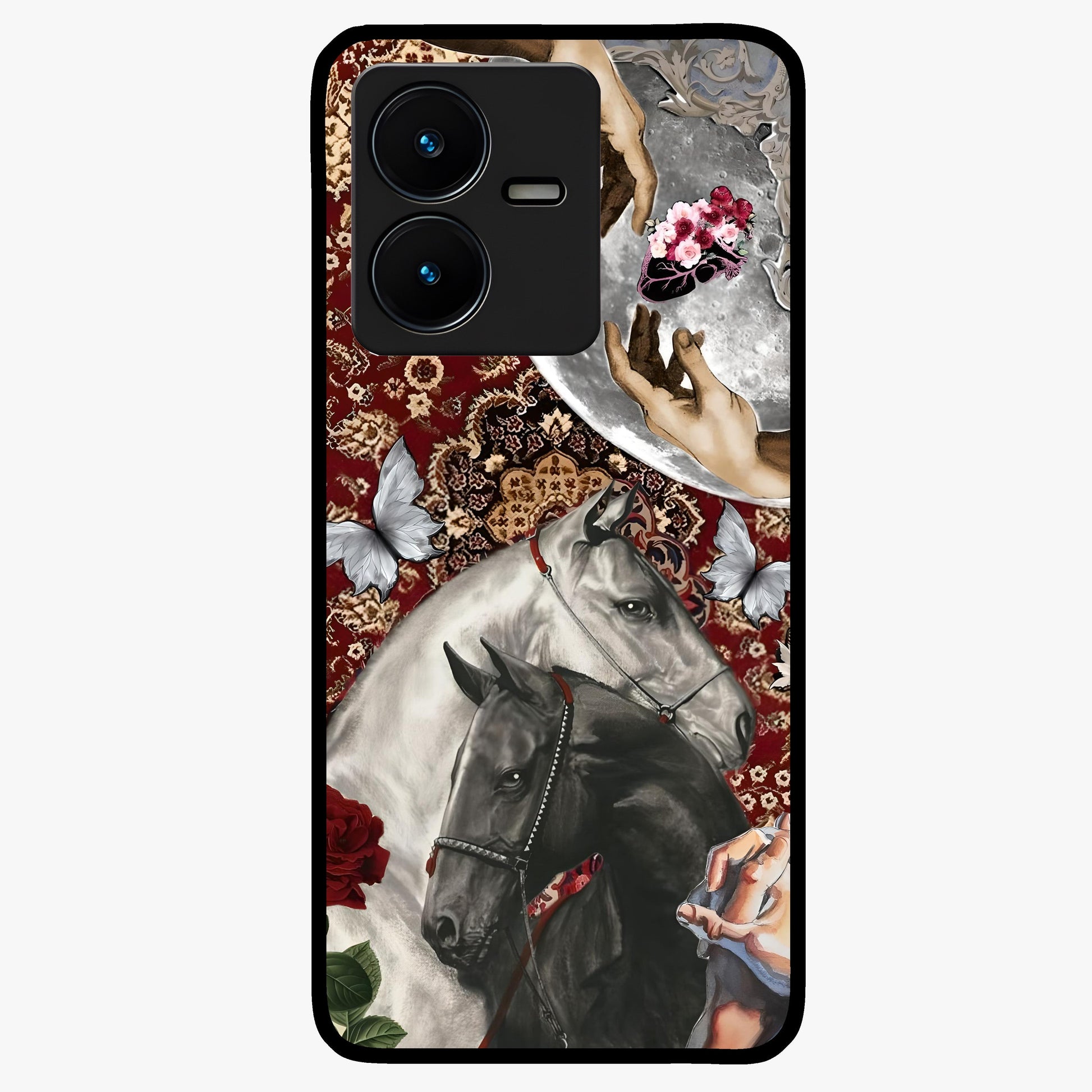 Moonlit Royal Stallion Glass Case showing flat back view with majestic horse under moonlight artwork and glossy glass finish.