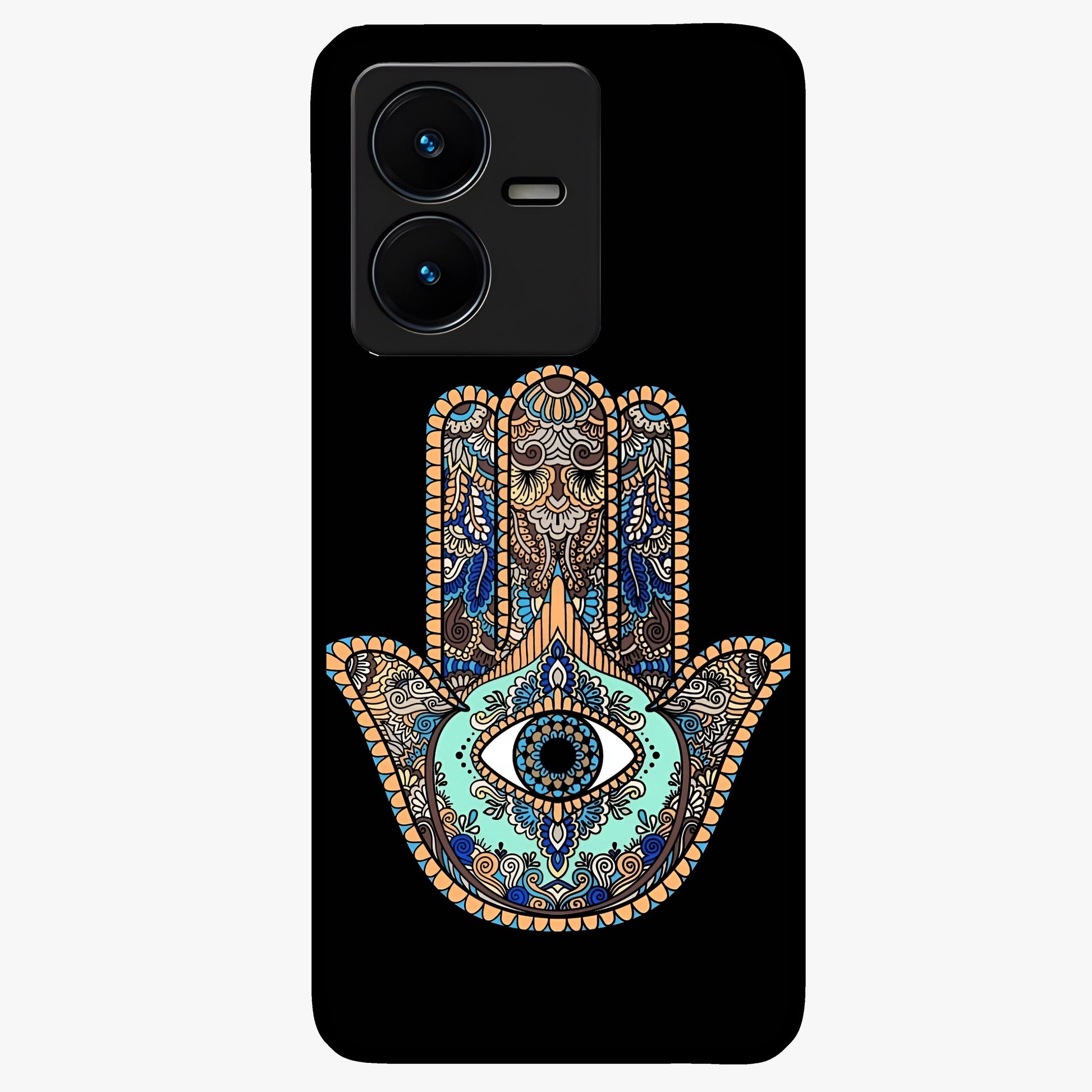 Mystic Hamsa Eye Glass Case showing flat back view with protective hamsa hand and evil eye artwork and glossy glass finish.