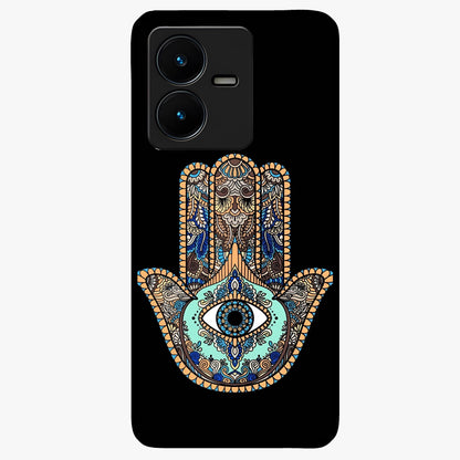 Mystic Hamsa Eye Glass Case showing flat back view with protective hamsa hand and evil eye artwork and glossy glass finish.