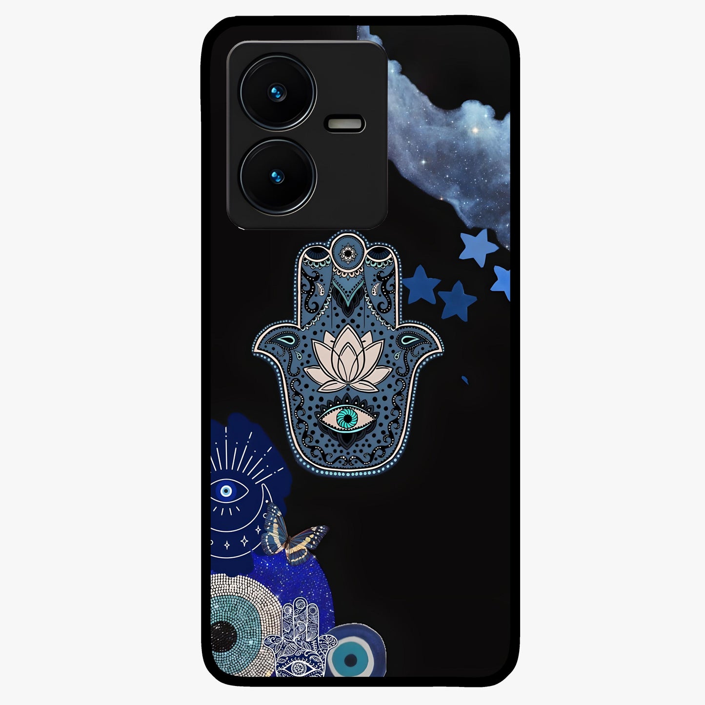 Mystic Hand Aura Glass Case showing flat back view with mystical hand symbol artwork and glossy glass finish.