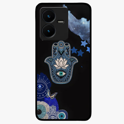 Mystic Hand Aura Glass Case showing flat back view with mystical hand symbol artwork and glossy glass finish.