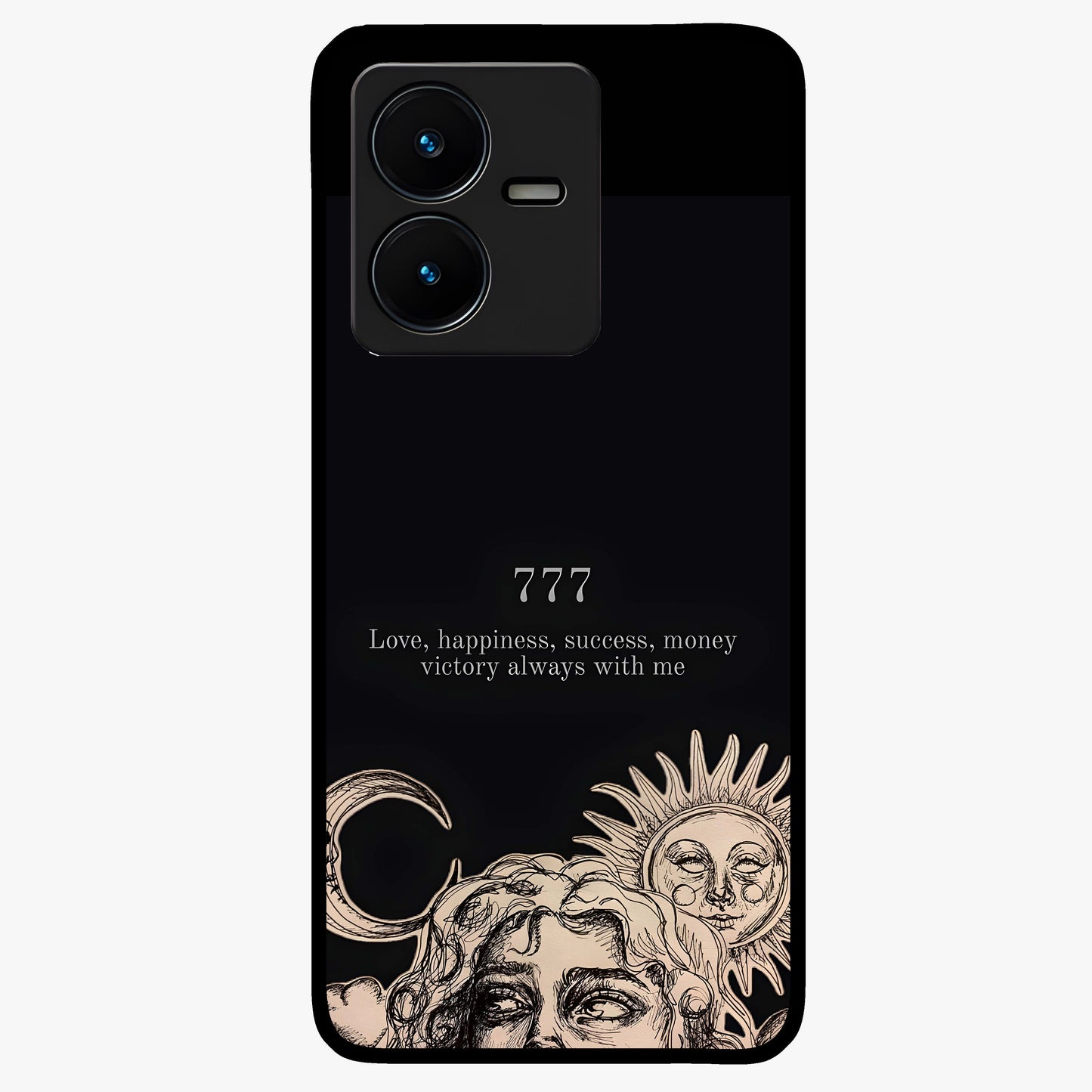 Mystic Victory Aura Glass Case showing flat back view with victory symbol artwork and glossy glass finish.