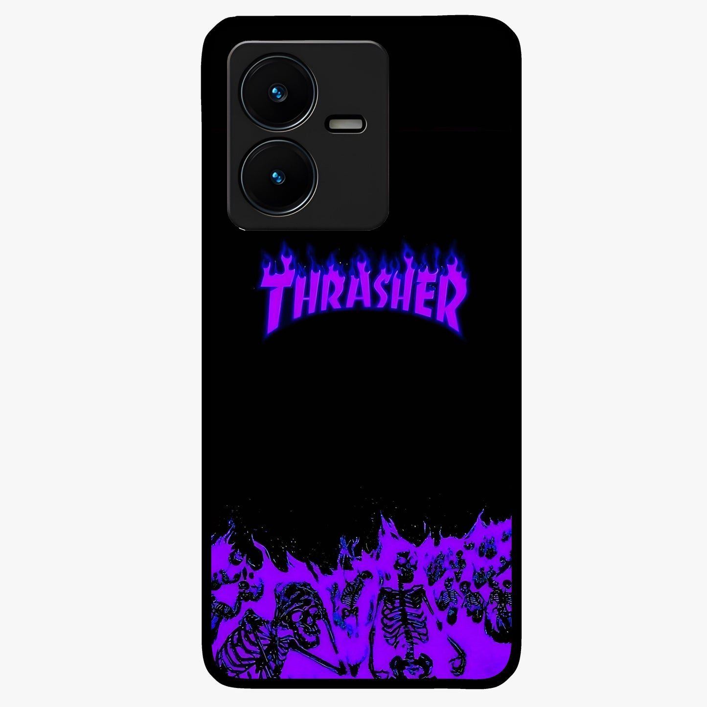 Neon Flame Riot Glass Case showing flat back view with neon flame artwork and glossy glass finish.
