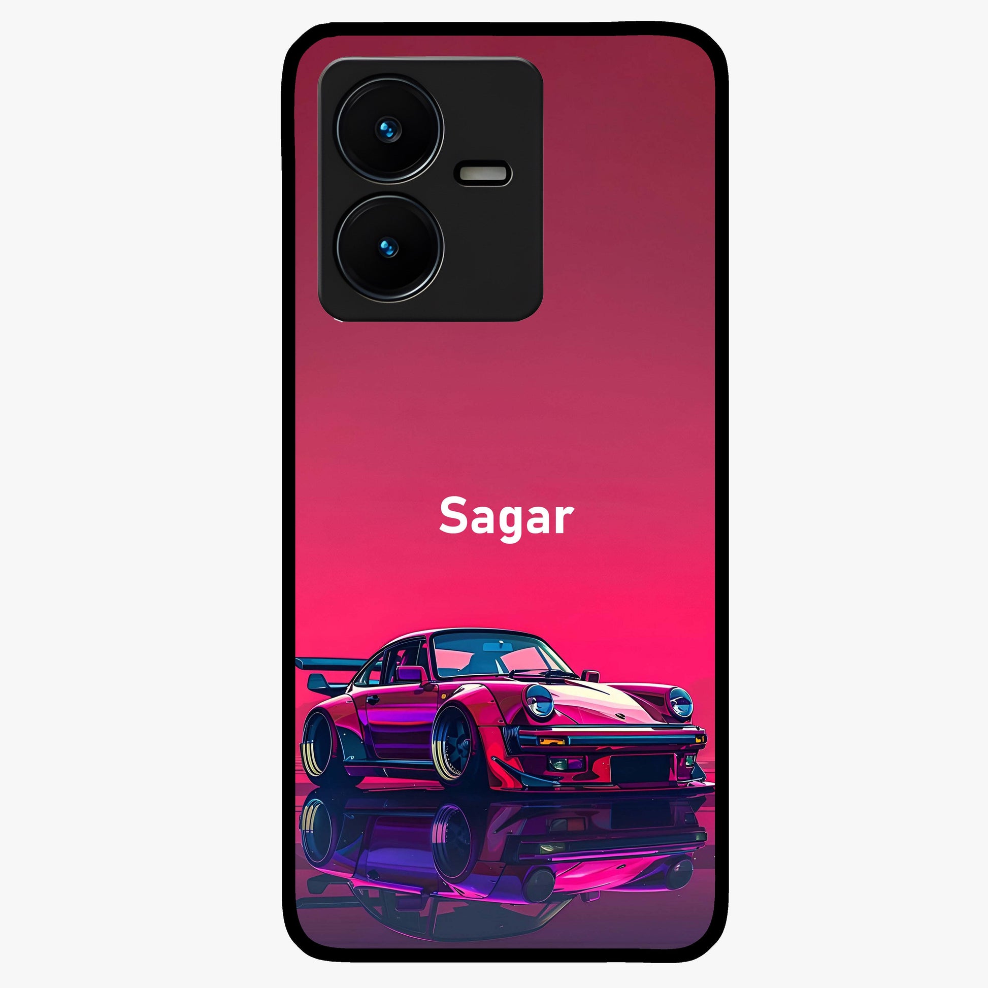 Neon Pink Porsche Glass Case showing flat back view with stylish sports car artwork and glossy glass finish.