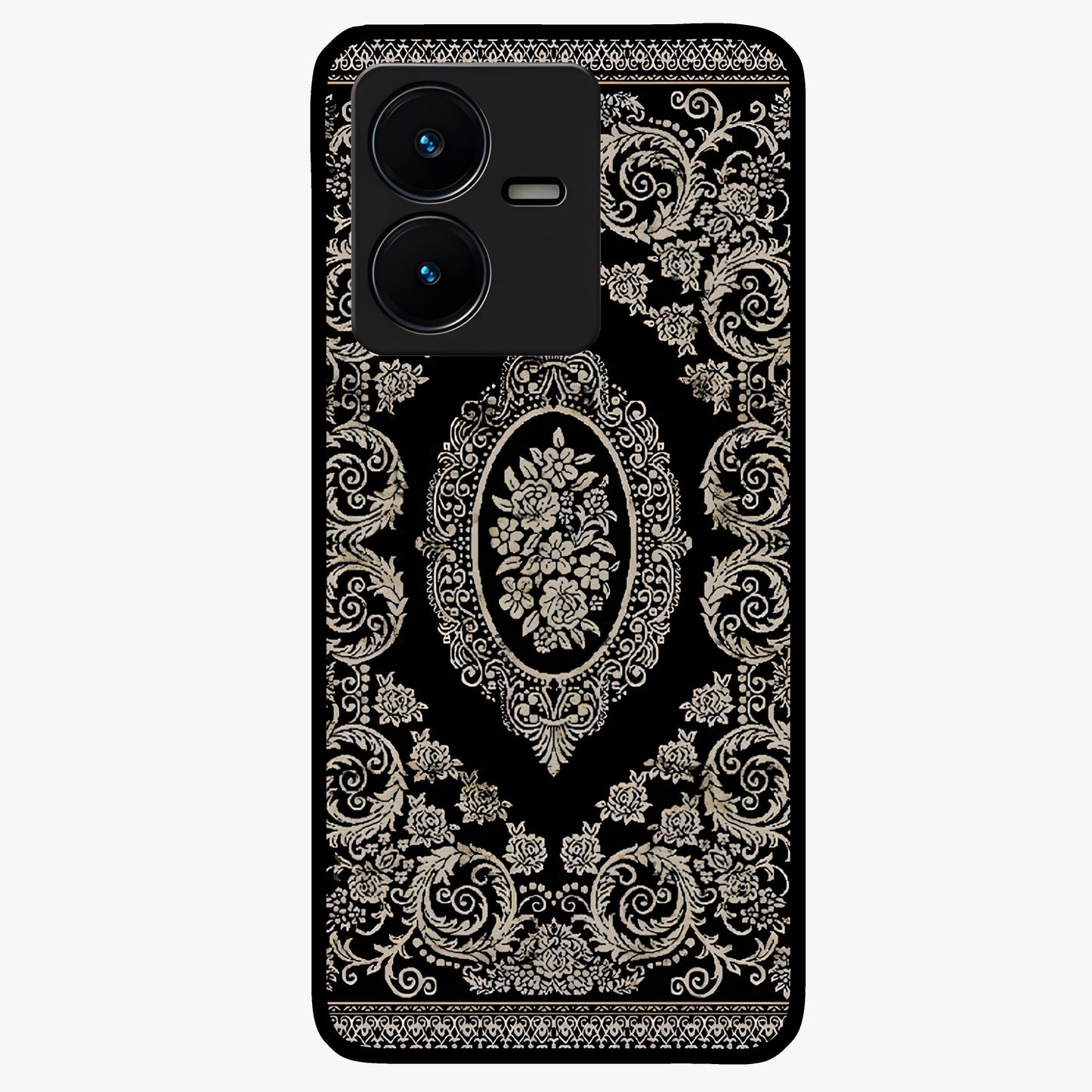 Noir Bloom Elegance Glass Case showing flat back view with elegant dark floral artwork and glossy glass finish.