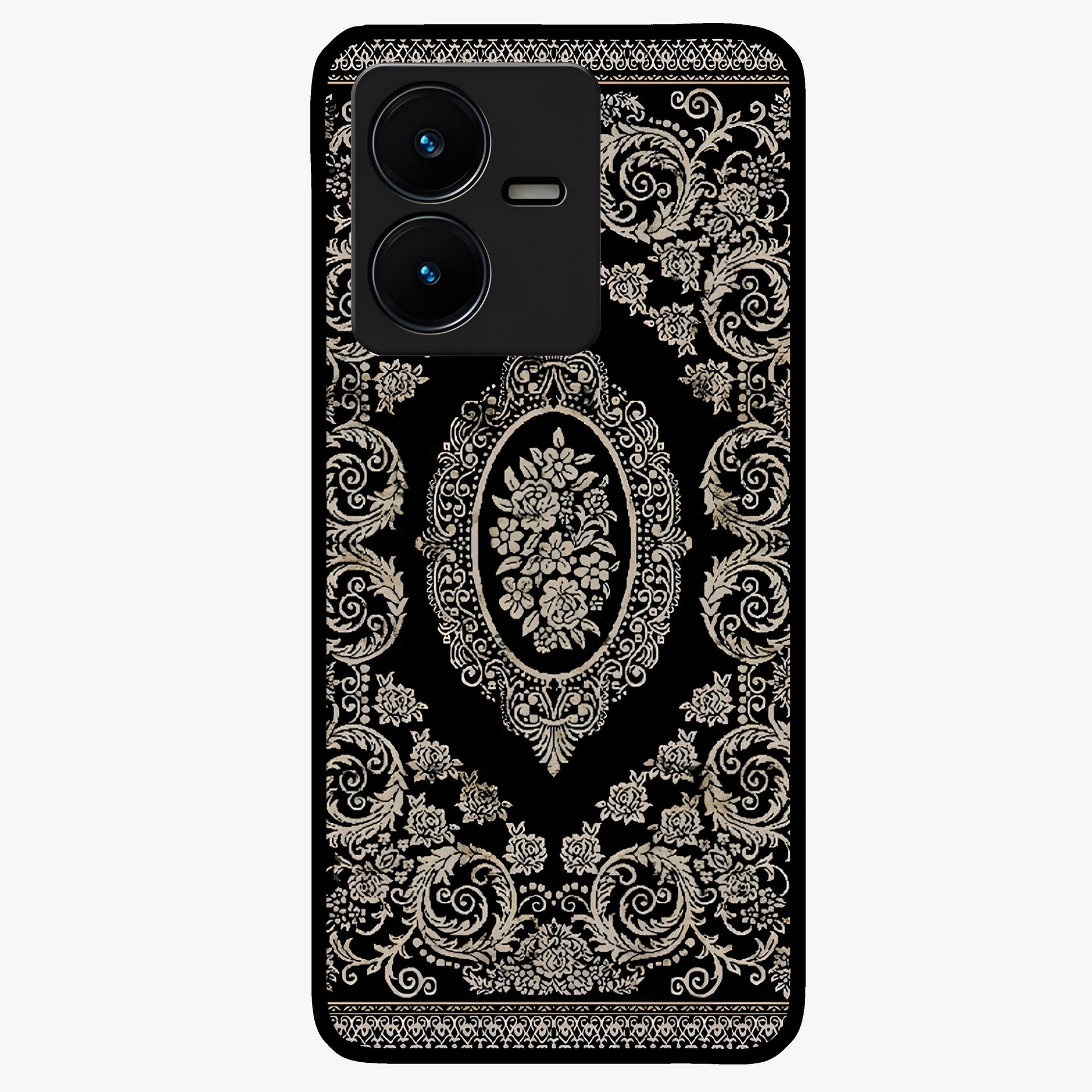 Noir Bloom Elegance Glass Case showing flat back view with elegant dark floral artwork and glossy glass finish.