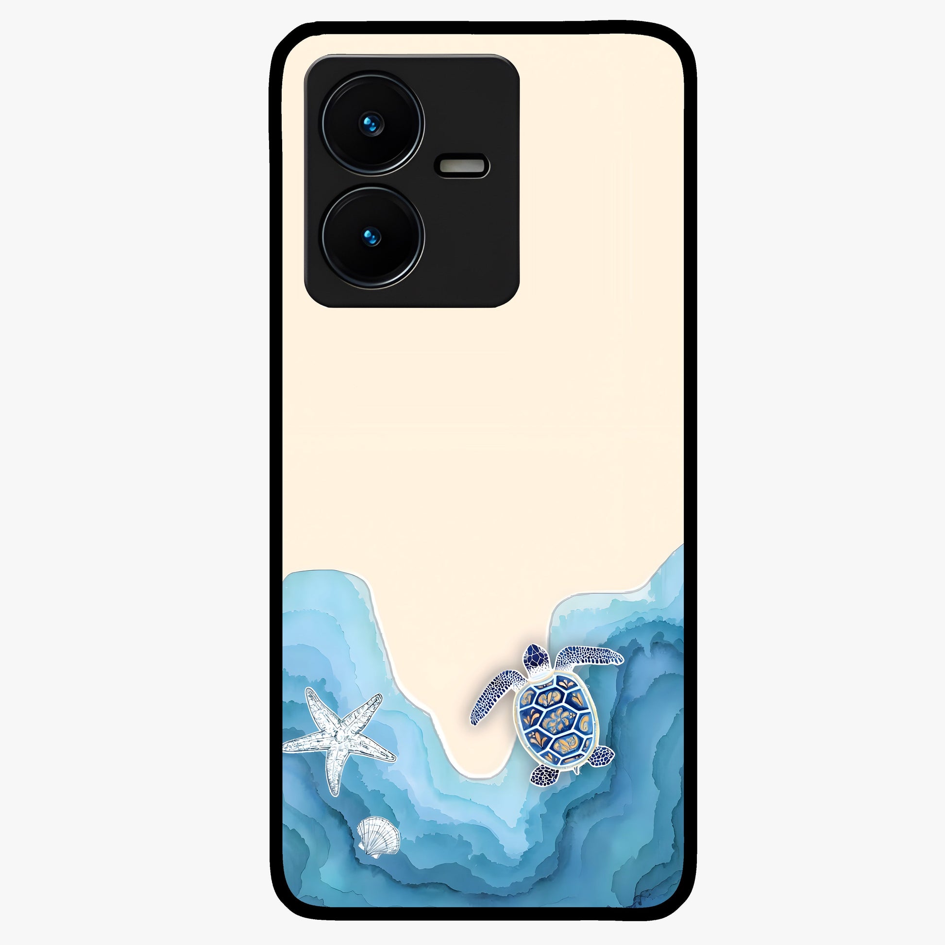 Ocean Drift Turtle Glass Case showing flat back view with sea turtle artwork and glossy glass finish.