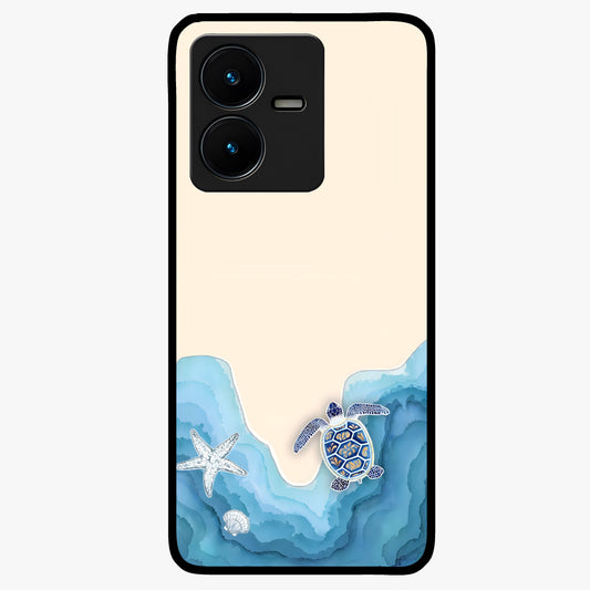 Ocean Drift Turtle Glass Case showing flat back view with sea turtle artwork and glossy glass finish.