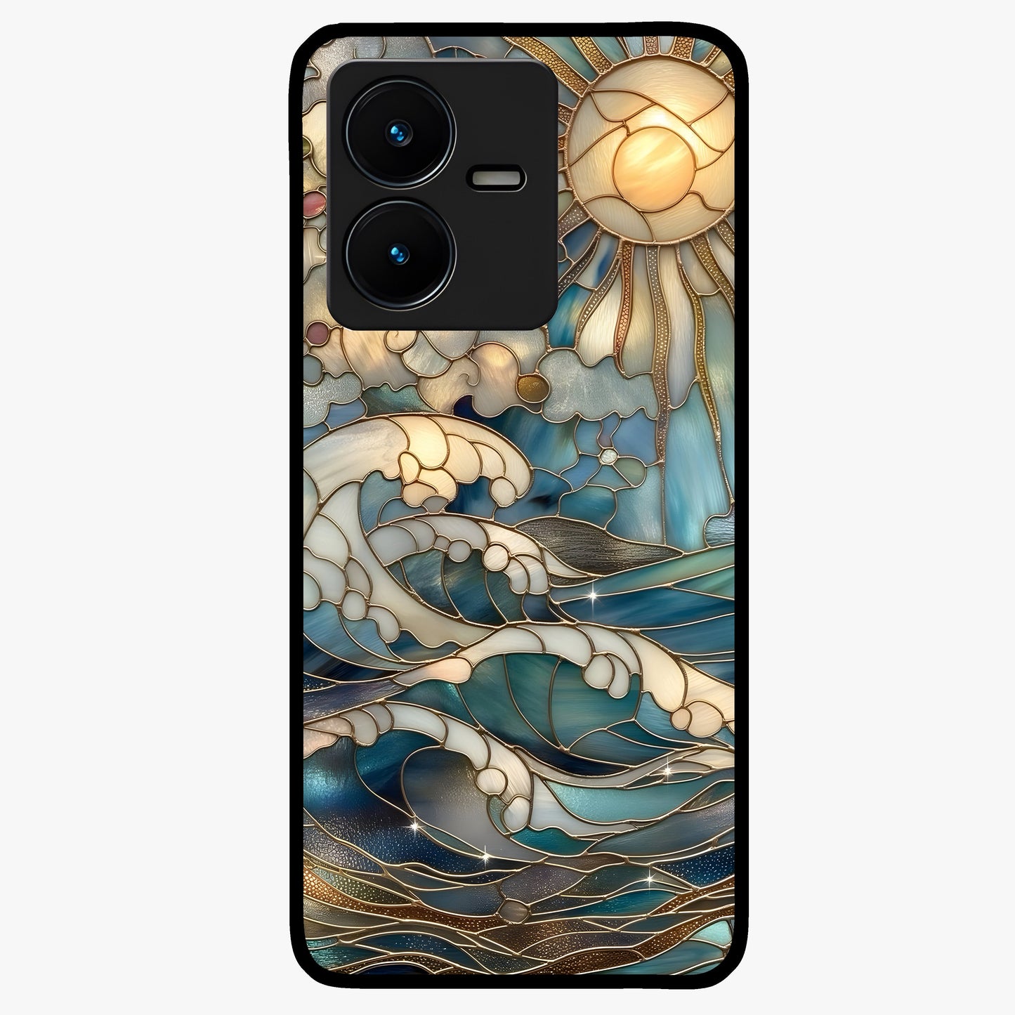 Oceanic Stained Printed Glass Case showing flat back view with ocean inspired stained pattern artwork and glossy glass finish.